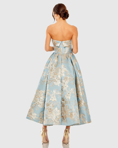 Mac Duggal Light Blue Strapless Brocade Midi Dress With Pockets