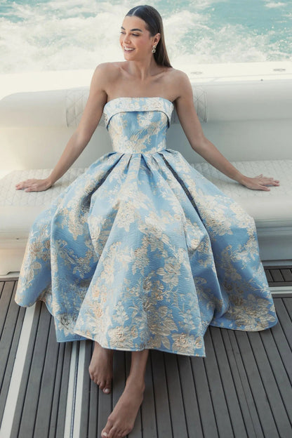 Mac Duggal Light Blue Strapless Brocade Midi Dress With Pockets