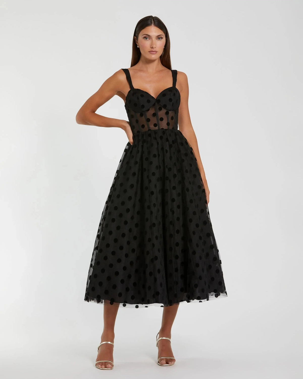 Mac Duggal Black Polka Dot Tulle A-Line Midi Dress