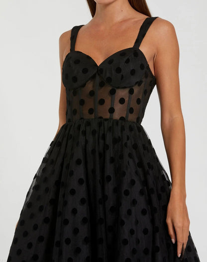 Mac Duggal Black Polka Dot Tulle A-Line Midi Dress