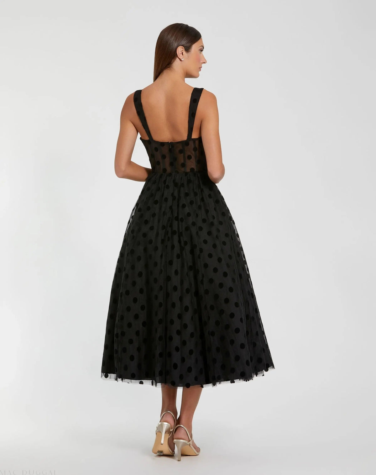 Mac Duggal Black Polka Dot Tulle A-Line Midi Dress