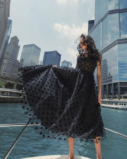 Mac Duggal Black Polka Dot Tulle A-Line Midi Dress