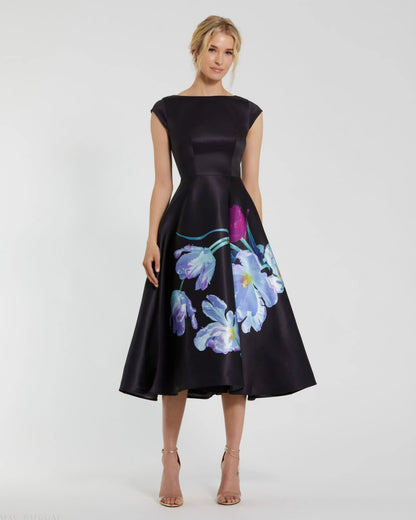 Mac Duggal Satin Cap Sleeve Midi Dress With Floral Print Duggal