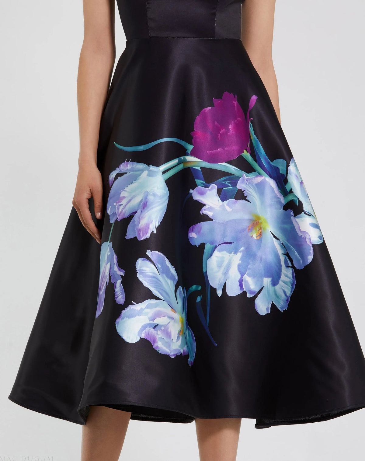 Mac Duggal Satin Cap Sleeve Midi Dress With Floral Print Duggal