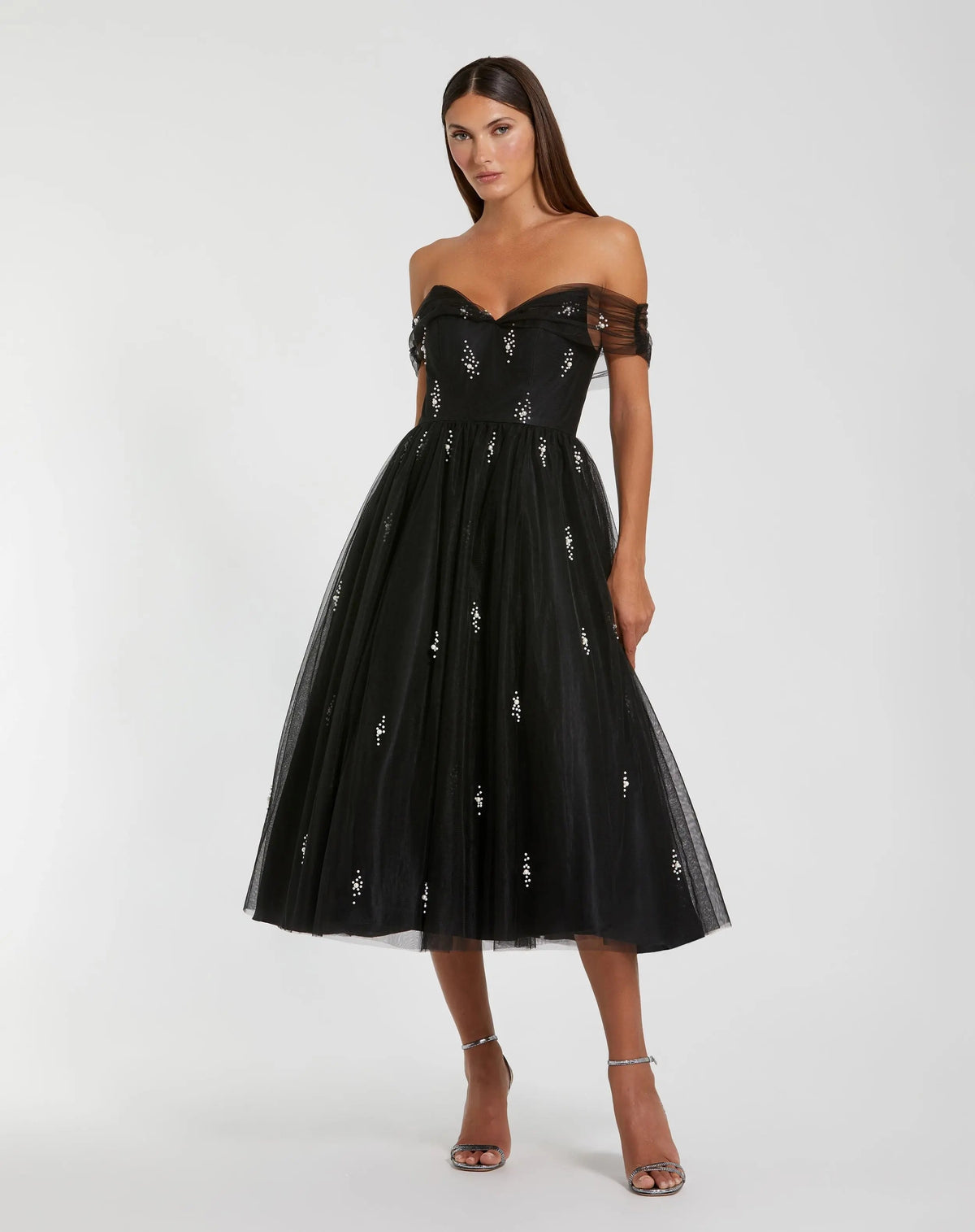 Mac Duggal Black Tulle Off The Shoulder Pearl Embellished Cocktail Dress