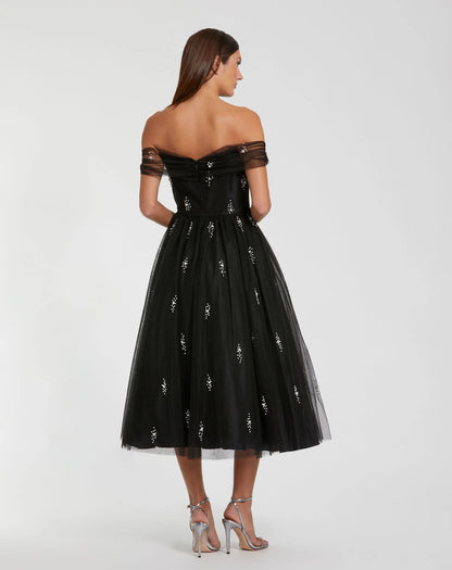 Mac Duggal Black Tulle Off The Shoulder Pearl Embellished Cocktail Dress