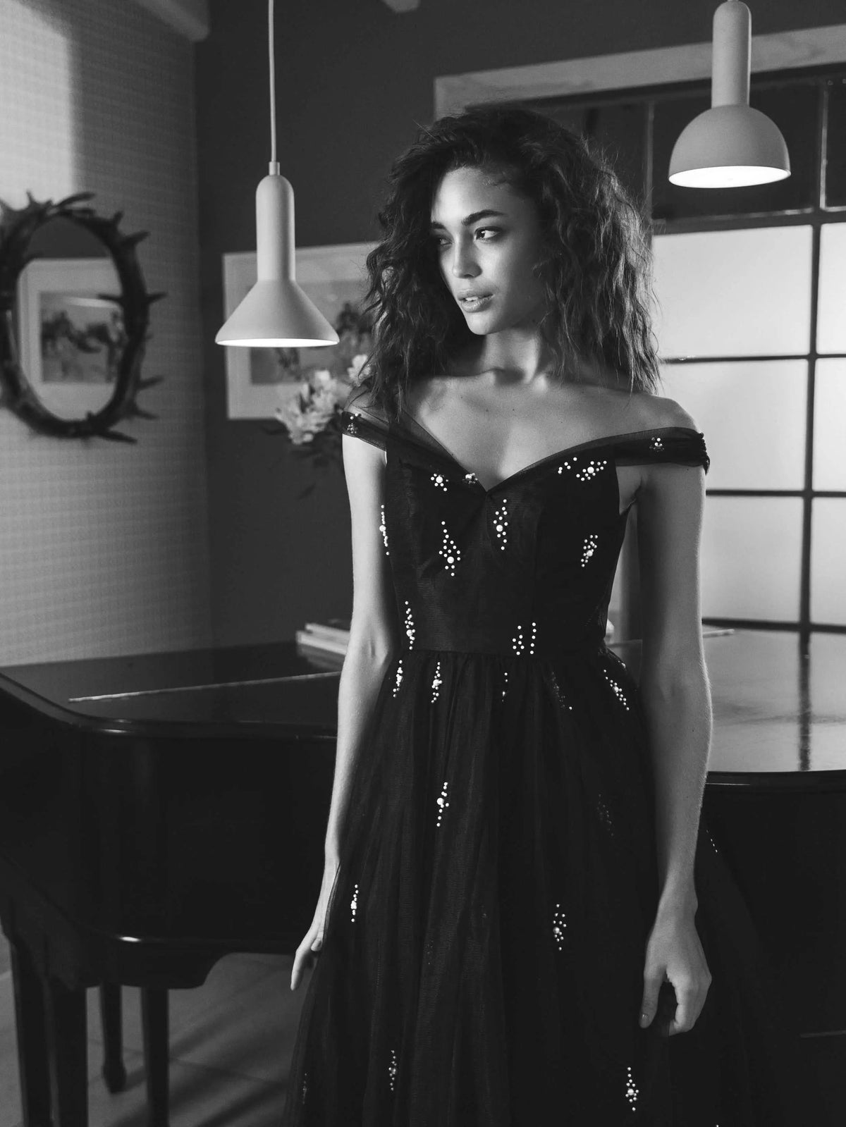 Mac Duggal Black Tulle Off The Shoulder Pearl Embellished Cocktail Dress