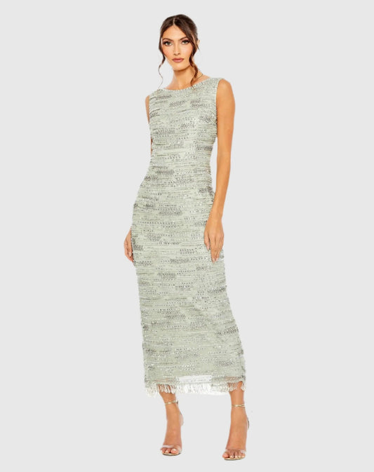 Mac Duggal Green Sleeveless Crystal Fringe Column Dress