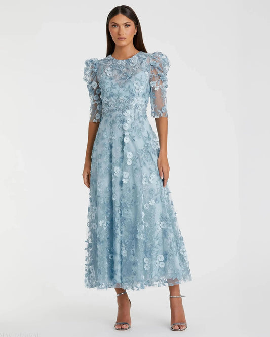 Mac Duggal Blue Applique High Neck Puff Sleeve A Line Dress