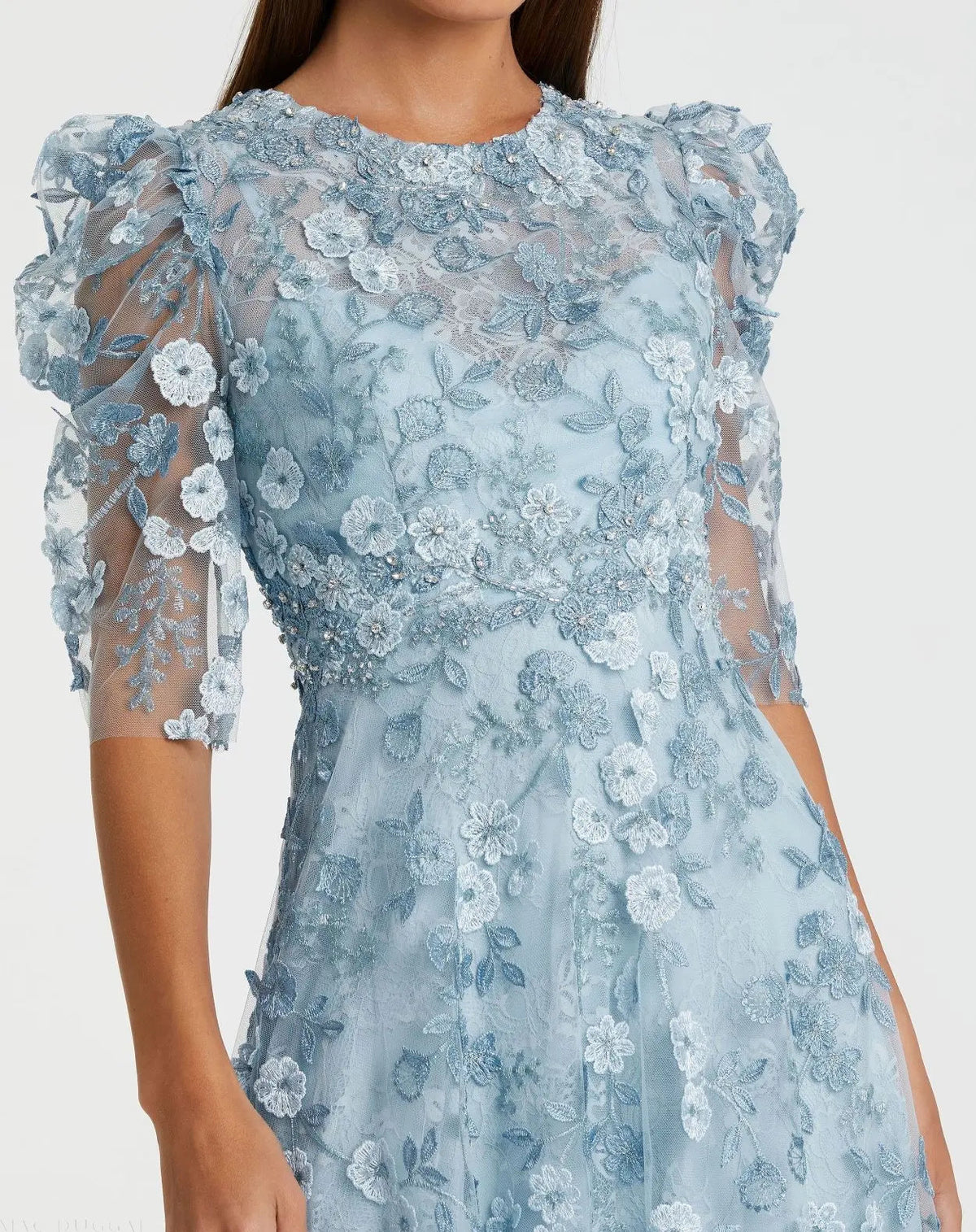 Mac Duggal Blue Applique High Neck Puff Sleeve A Line Dress