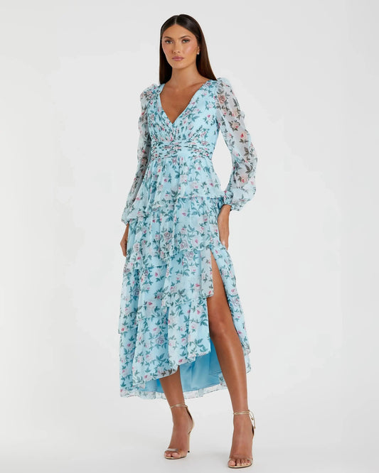 Mac Duggal Blue Puff Sleeve Floral Printed Dress Duggal