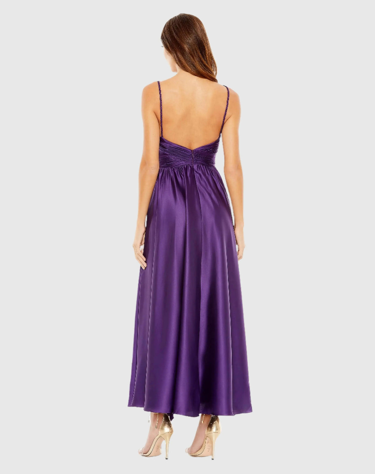 Mac Duggal Purple Ruched Top Satin Pleated Tea Length Dress