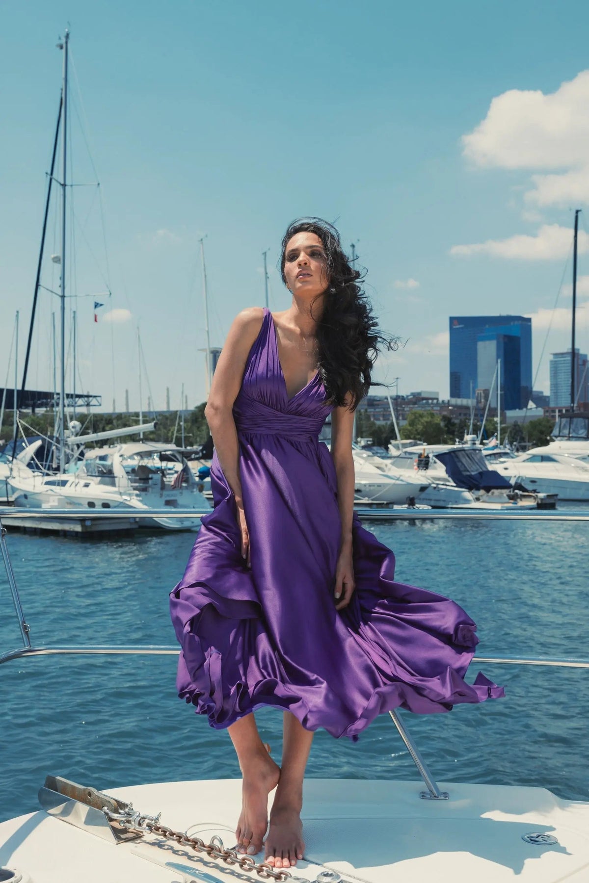 Mac Duggal Purple Ruched Top Satin Pleated Tea Length Dress
