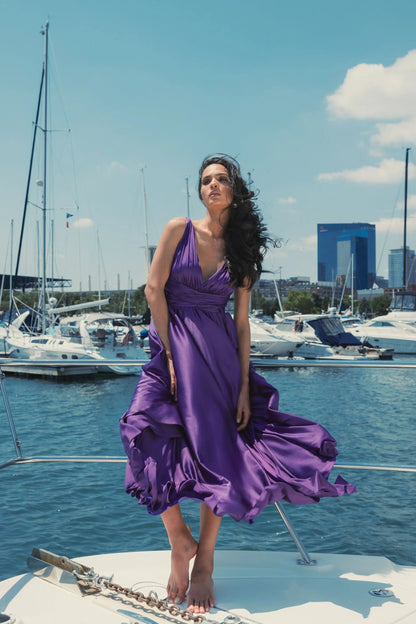 Mac Duggal Purple Ruched Top Satin Pleated Tea Length Dress