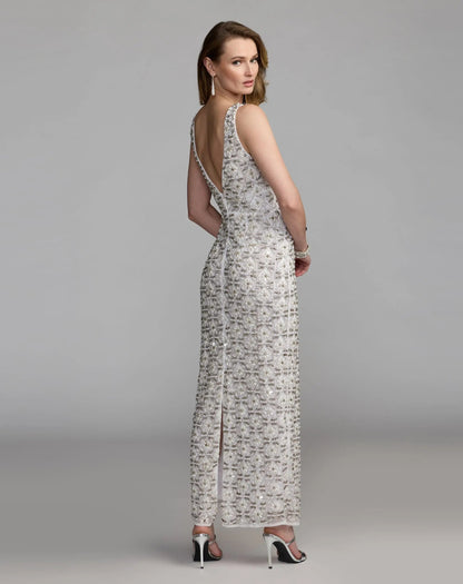 Mac Duggal White Pearl Embellished Sleeveless Column Dress