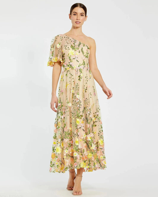 Mac Duggal Yellow One Shoulder Lace Embroidered Dress