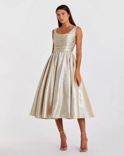 Mac Duggal Light Gold Metallic Square Neck Sleeveless Midi Dress