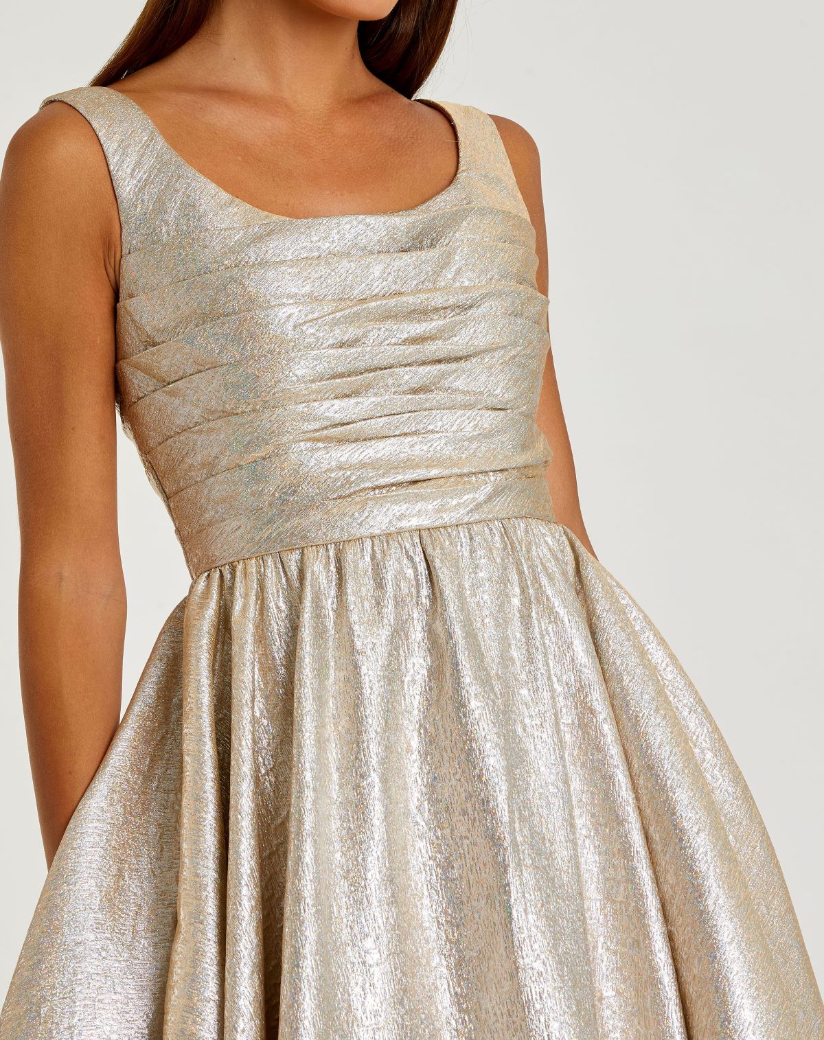 Mac Duggal Light Gold Metallic Square Neck Sleeveless Midi Dress