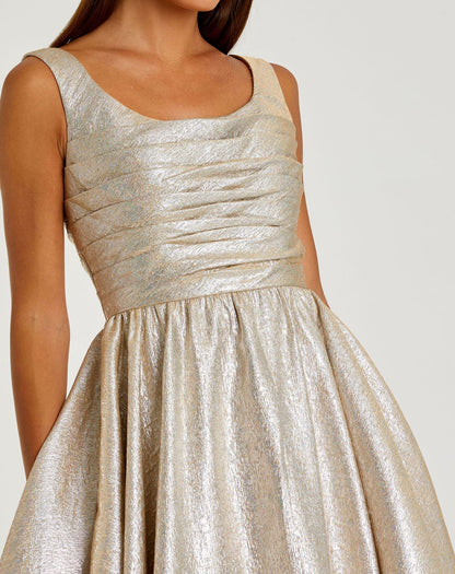 Mac Duggal Light Gold Metallic Square Neck Sleeveless Midi Dress