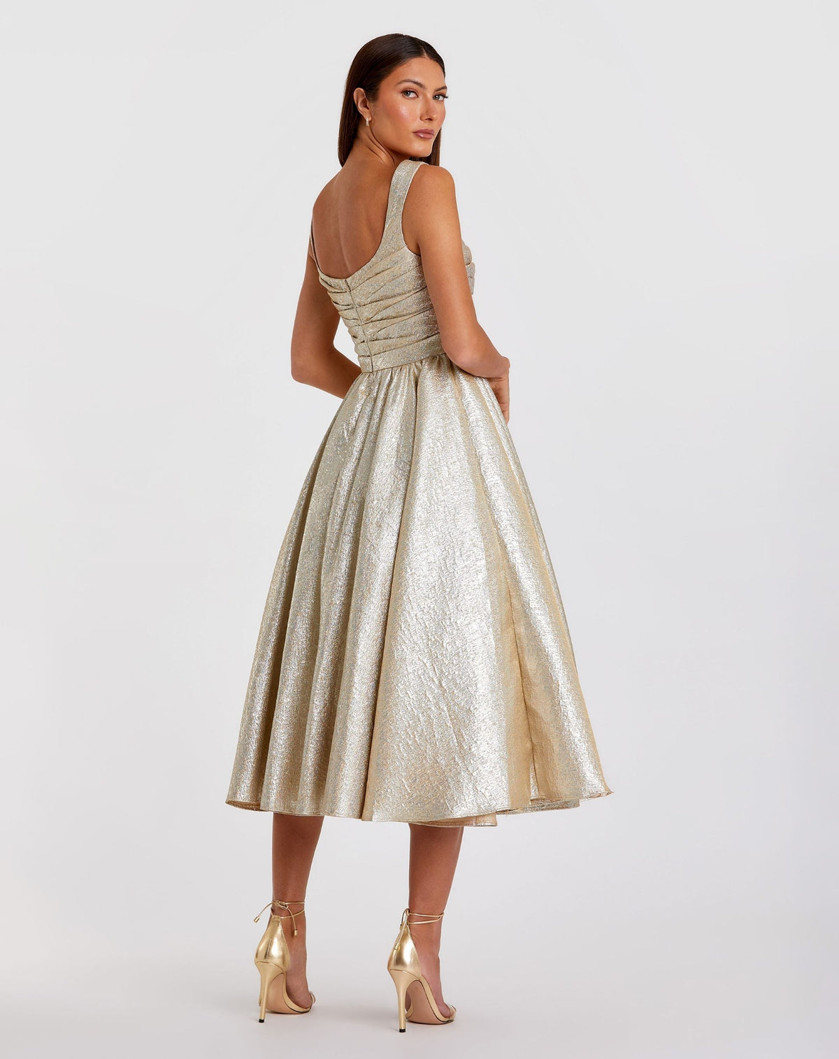 Mac Duggal Light Gold Metallic Square Neck Sleeveless Midi Dress