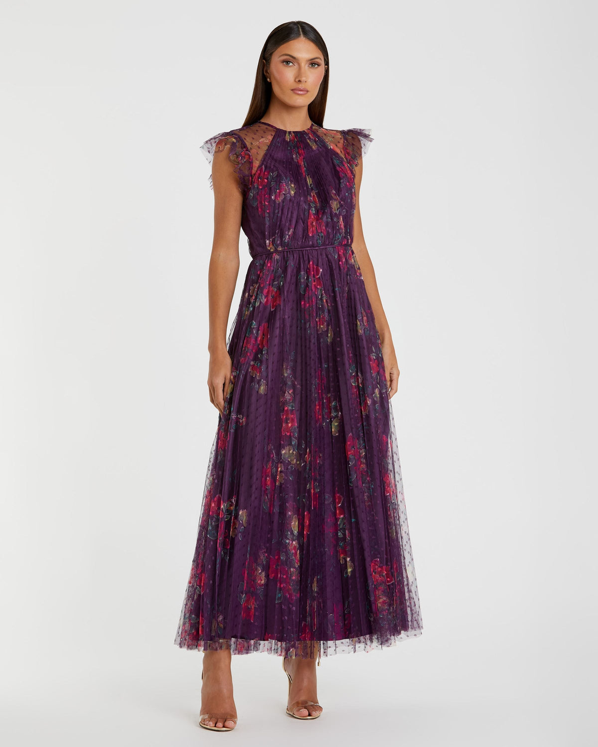 Mac Duggal Purple Floral Flutter Sleeve Midi Dress