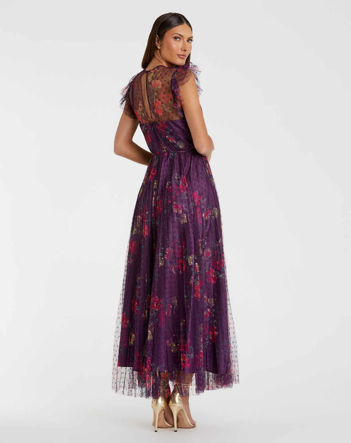 Mac Duggal Purple Floral Flutter Sleeve Midi Dress