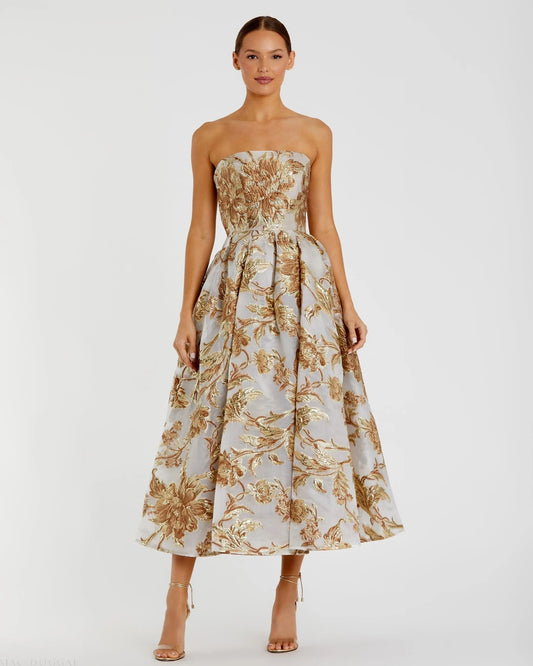 Mac Duggal Gold Strapless Brocade Midi Dress with Pockets