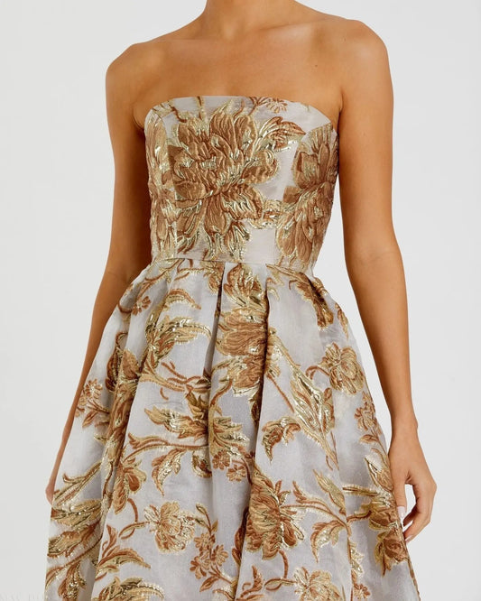 Mac Duggal Gold Strapless Brocade Midi Dress with Pockets