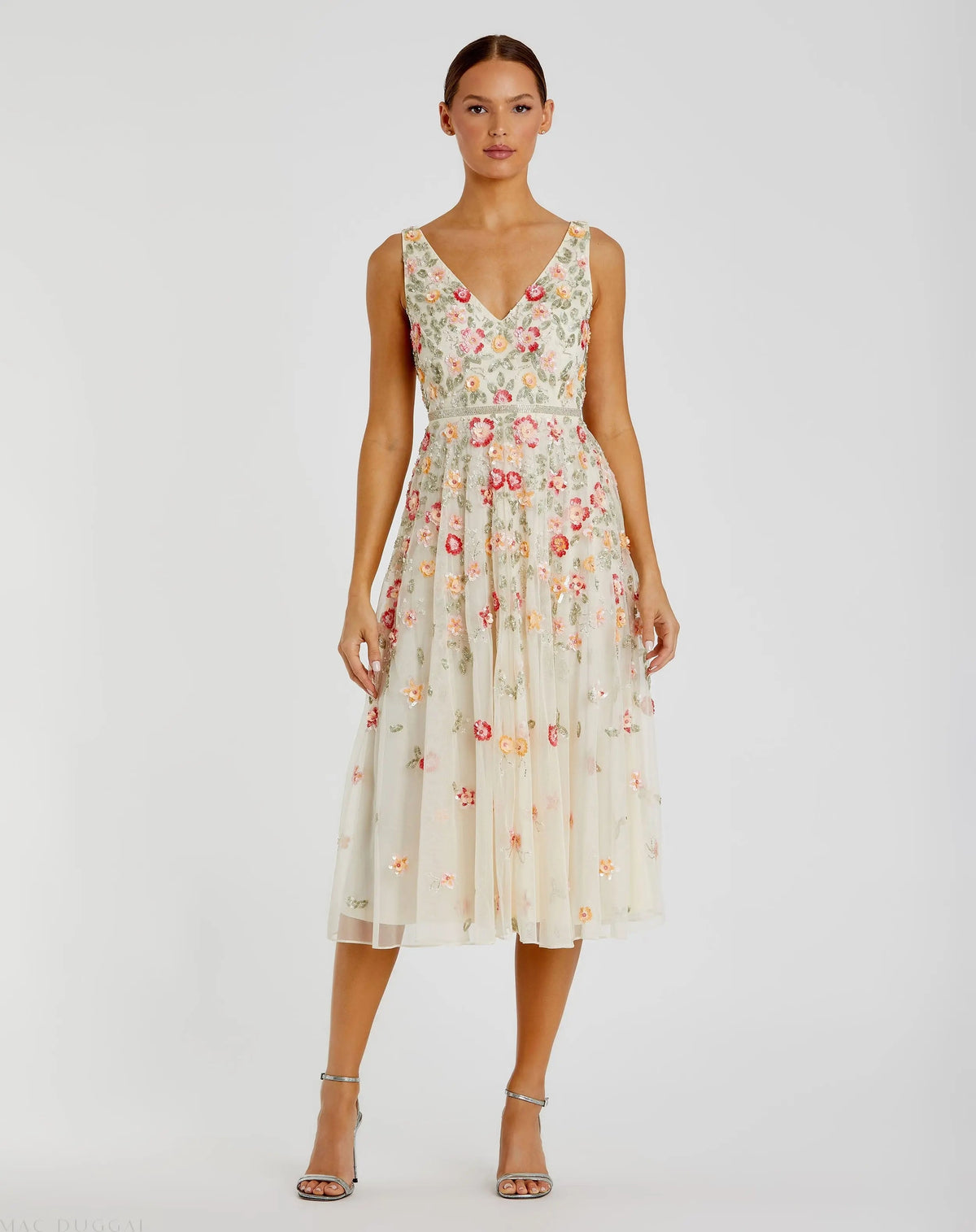 Mac Duggal White V-Neck Sleeveless Midi Floral Beaded A-line Dress Duggal