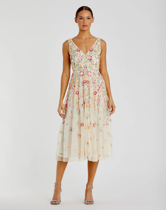 Mac Duggal White V-Neck Sleeveless Midi Floral Beaded A-line Dress Duggal