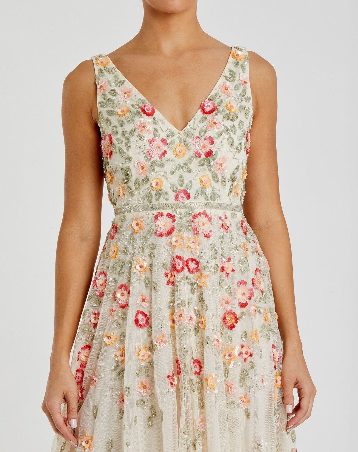 Mac Duggal White V-Neck Sleeveless Midi Floral Beaded A-line Dress Duggal