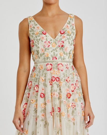 Mac Duggal White V-Neck Sleeveless Midi Floral Beaded A-line Dress Duggal
