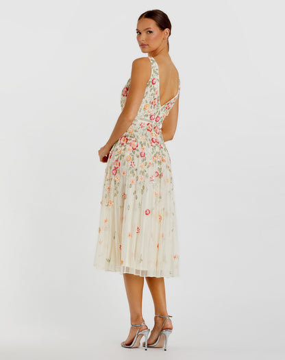 Mac Duggal White V-Neck Sleeveless Midi Floral Beaded A-line Dress Duggal