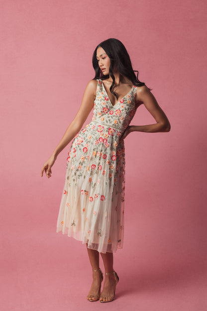 Mac Duggal White V-Neck Sleeveless Midi Floral Beaded A-line Dress Duggal