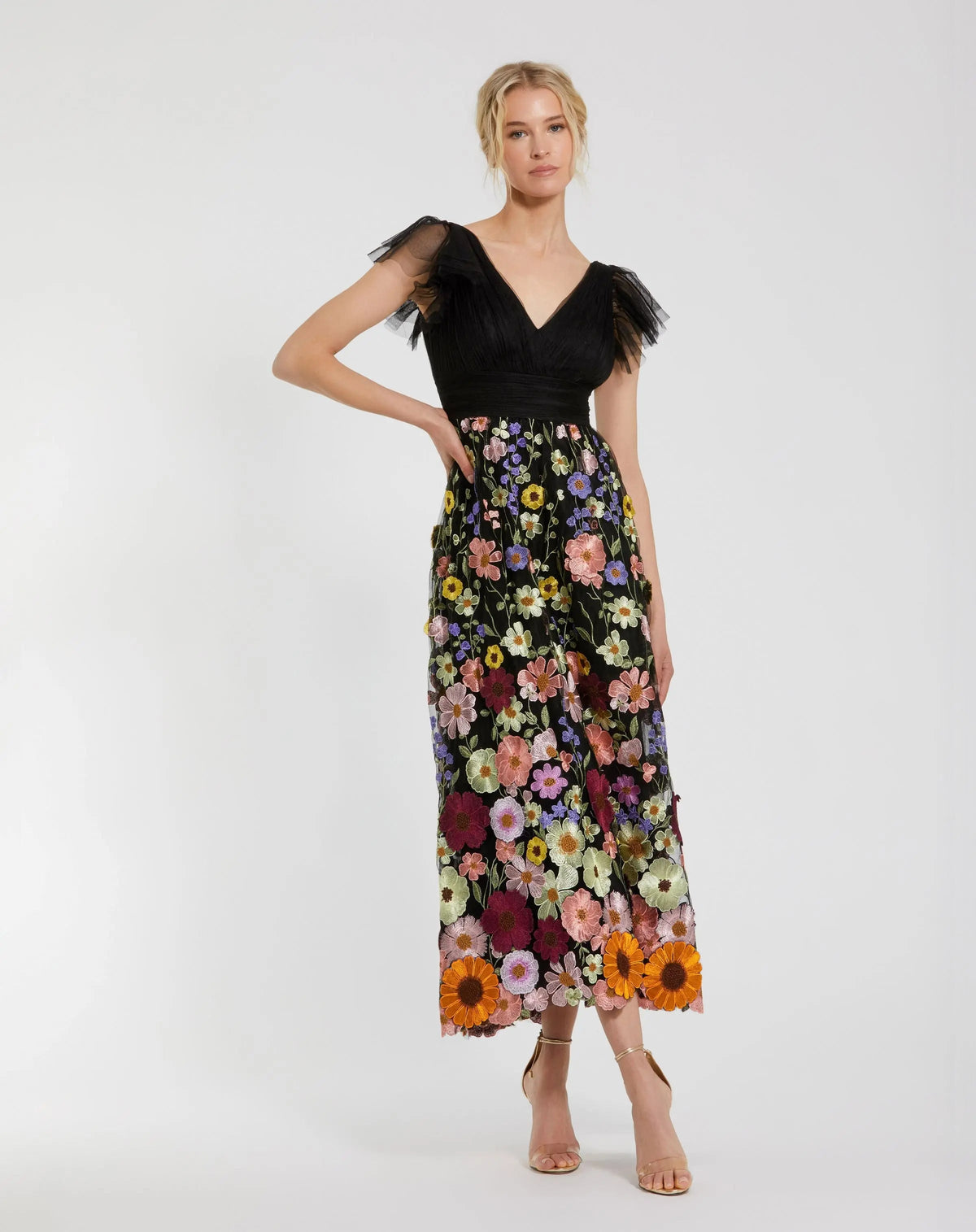 Mac Duggal Black Multicolor Embroidered Flutter Sleeve Floral Dress