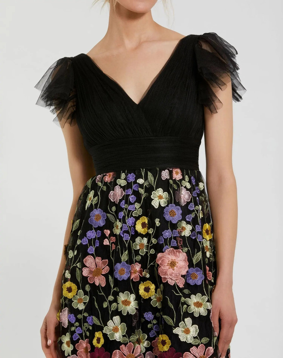 Mac Duggal Black Multicolor Embroidered Flutter Sleeve Floral Dress