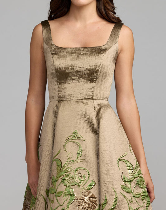Mac Duggal Gold Floral Brocade A-Line Midi Dress