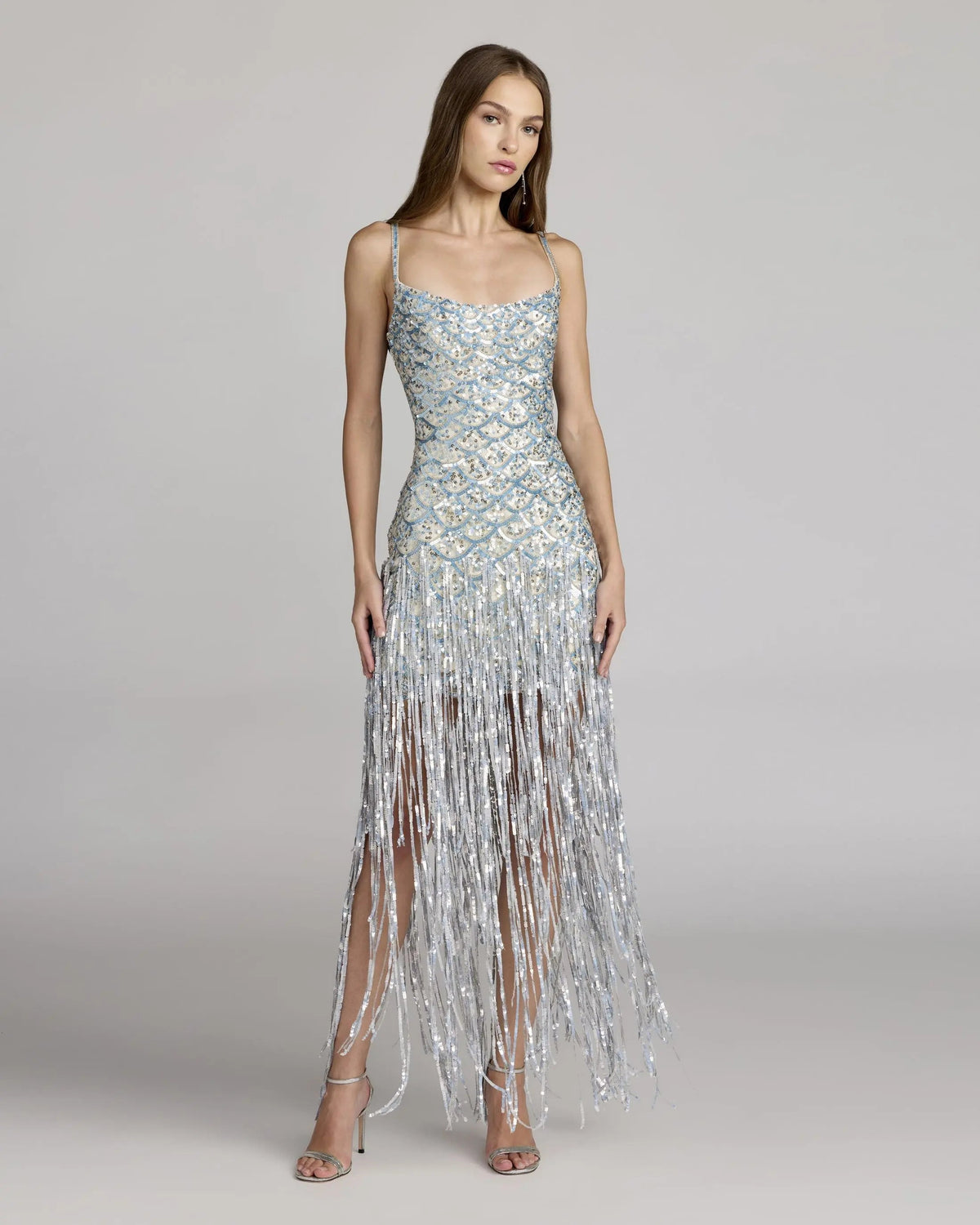Mac Duggal Blue Silver Sequin Fringe Midi Dress