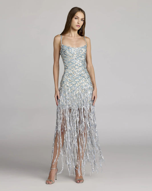 Mac Duggal Blue Silver Sequin Fringe Midi Dress