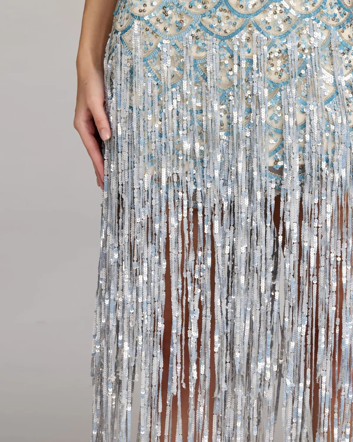 Mac Duggal Blue Silver Sequin Fringe Midi Dress