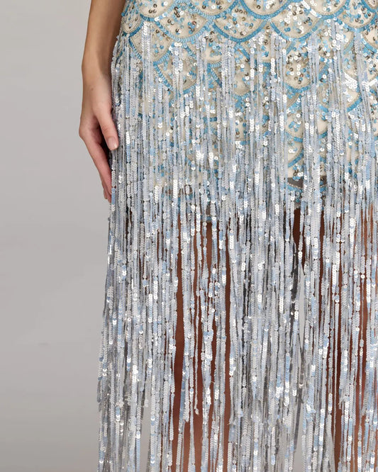 Mac Duggal Blue Silver Sequin Fringe Midi Dress