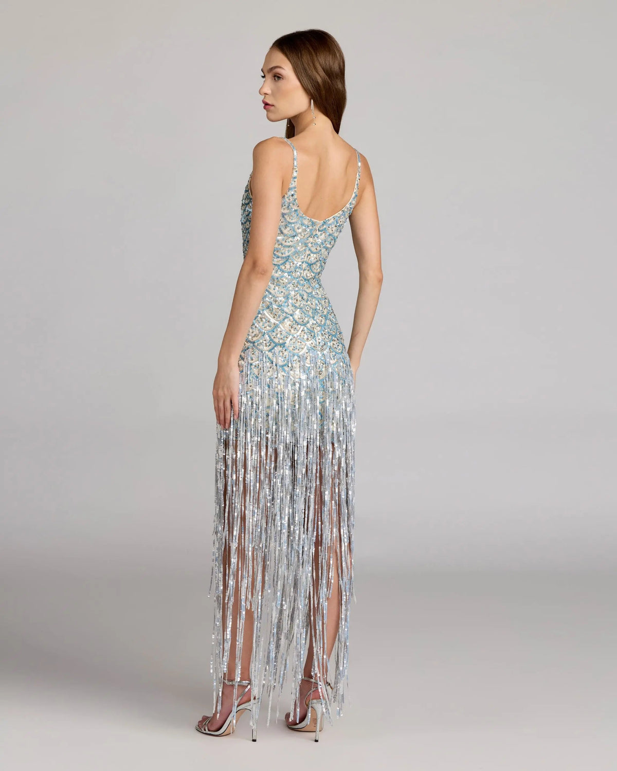 Mac Duggal Blue Silver Sequin Fringe Midi Dress
