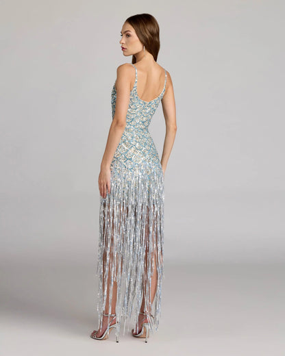 Mac Duggal Blue Silver Sequin Fringe Midi Dress