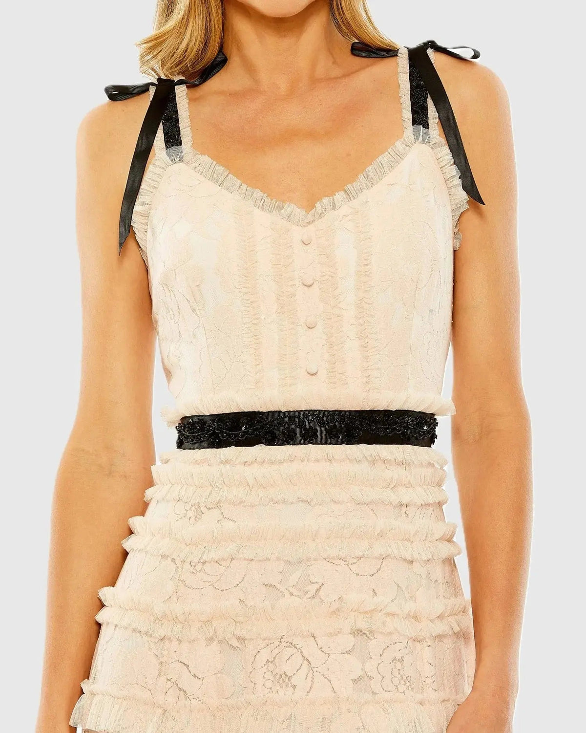Mac Duggal Pink Lace Tiered Midi Dress with Bow Straps