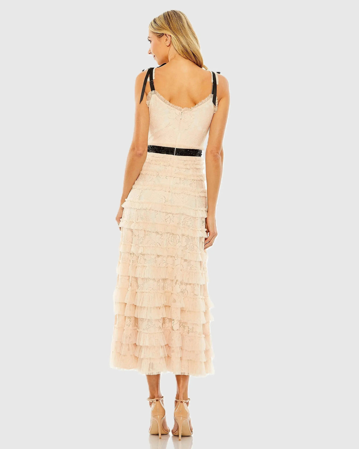 Mac Duggal Pink Lace Tiered Midi Dress with Bow Straps