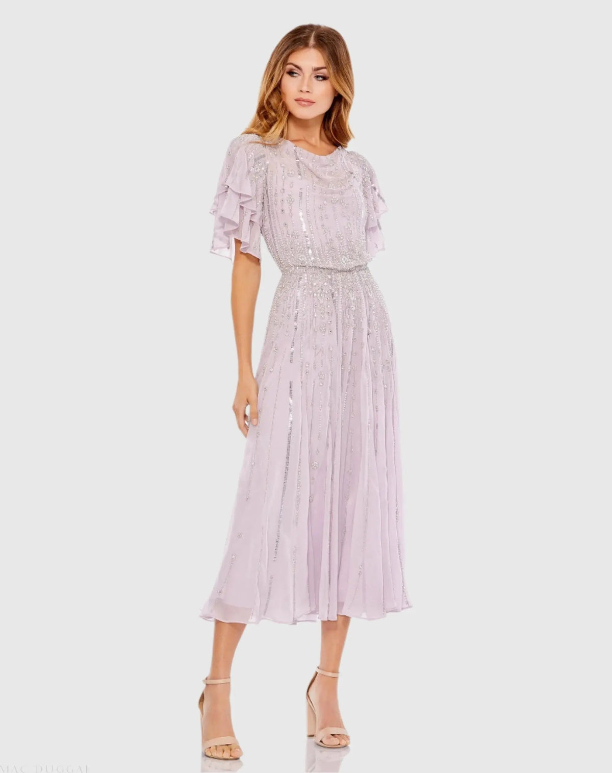 Mac Duggal Purple High Neck Embellished Flutter Sleeve Midi Dress