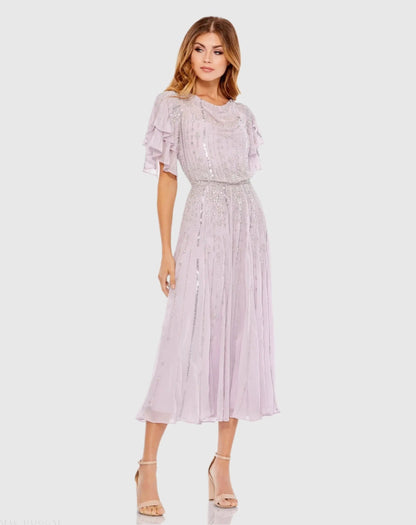 Mac Duggal Purple High Neck Embellished Flutter Sleeve Midi Dress