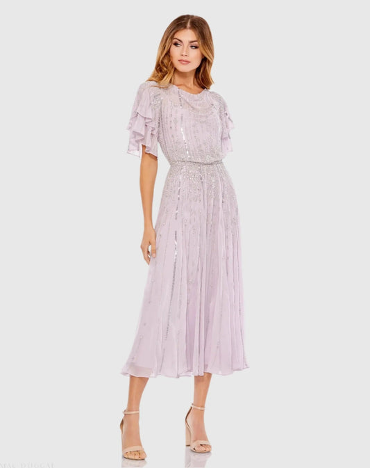 Mac Duggal Purple High Neck Embellished Flutter Sleeve Midi Dress