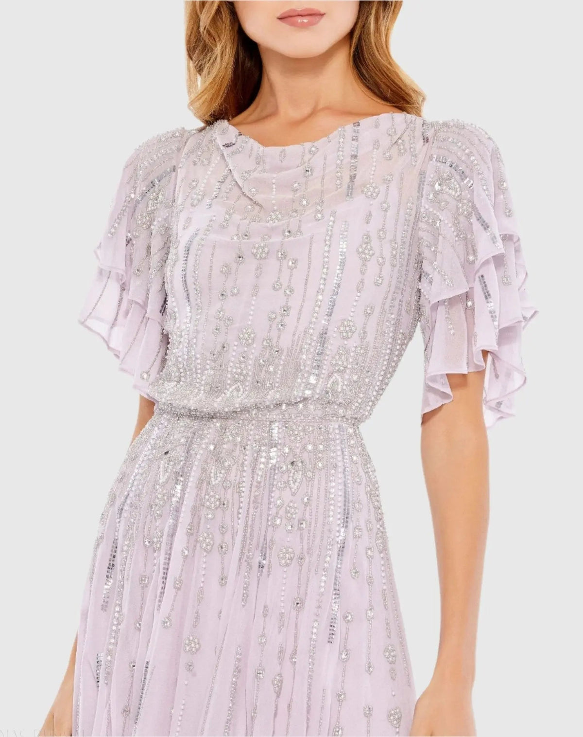 Mac Duggal Purple High Neck Embellished Flutter Sleeve Midi Dress