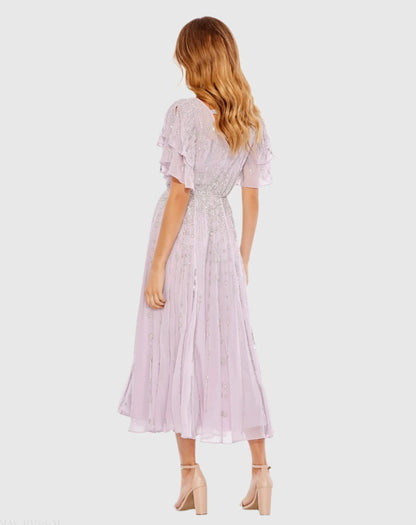 Mac Duggal Purple High Neck Embellished Flutter Sleeve Midi Dress